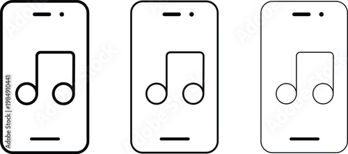 Minimalist smartphone music player icons, mobile phone with musical note symbol vector, set of three line art cellphones for digital audio apps