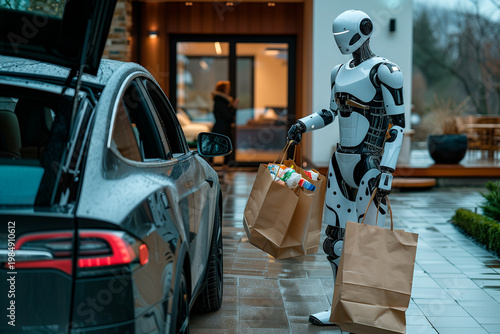 Futuristic humanoid robot carrying grocery bags from car to home