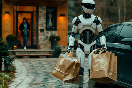 Futuristic humanoid robot carrying grocery bags from car to home
