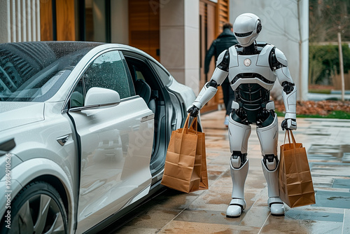 Futuristic humanoid robot carrying grocery bags from car to home