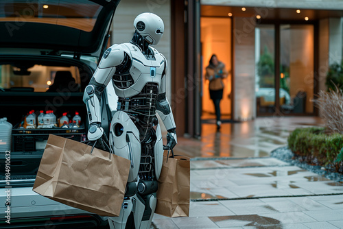 Futuristic humanoid robot carrying grocery bags from car to home