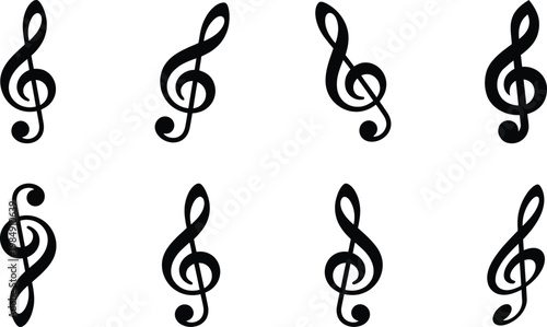 Acht schwarze Violinschlüssel auf weißem Hintergrund, in verschiedenen Ausrichtungen und Stilen dargestellt.