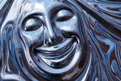 Abstract chrome sculpture with a distorted, smiling face reflecting the sky and surroundings in a fluid manner.