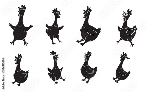 flock of black rooster and hen silhouettes in dynamic poses on white background