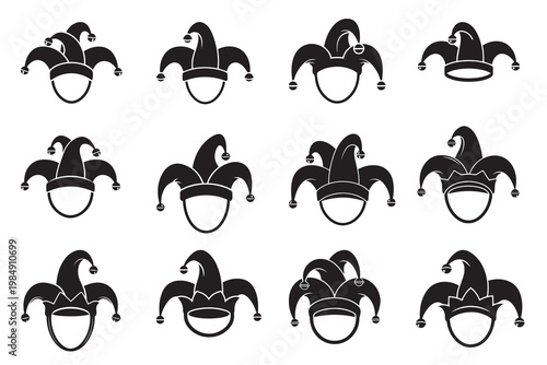 Jester hat silhouettes collection, black and white carnival costume vector icon set,