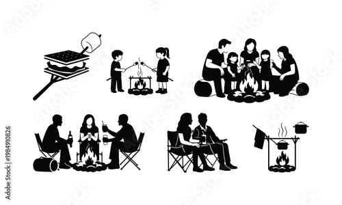 Scenes of outdoor campfire gatherings and cooking activities