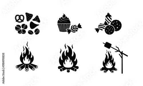 Iconic illustrations of camping and celebration food items and activities