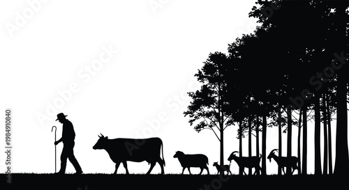 A shepherd guides his flock including a cow and goats across a grassy field against a tree line silhouette high quality