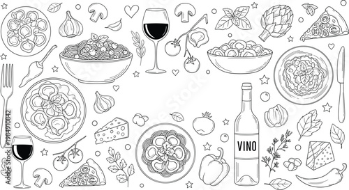Italian food doodle set with pasta pizza wine mushrooms cheese herbs hand drawn vector illustration collection