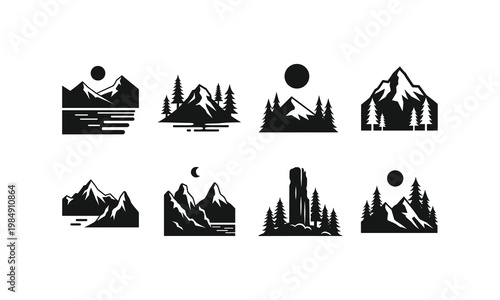 Black and white mountain and forest night scenes with celestial bodies