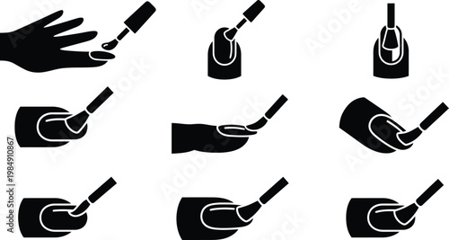 Anwendung von Nagellack: Eine Sammlung von Silhouetten, die den Prozess des Lackierens von Nägeln darstellen.