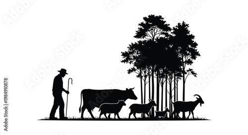 A rural scene depicting a shepherd with livestock and trees all rendered in a striking black silhouette high quality professional detailed