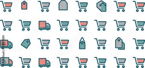 Shopping carts and delivery trucks icons in teal and coral