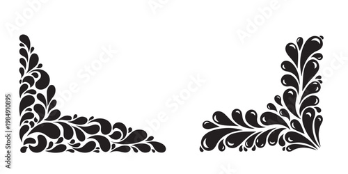 Abstract ink drop corner flourishes with black and white abstract art flourish