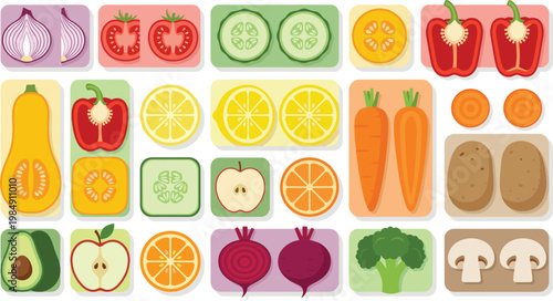 Vegetable and Fruit Icon Set in Rounded Square Tiles with Tomato, Cucumber, Lemon, Pepper, Carrot, Potato, Onion, Apple, Avocado, and Broccoli for UI Design