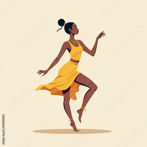 A dark-skinned woman in a yellow dress dances for lifestyle blogs, dance studio websites, fashion posters, travel brochures, cultural events, stationery design, and social media.
