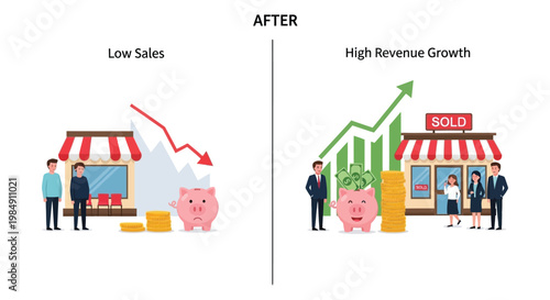 A visual comparison depicting financial decline versus success showing store growth with a distinct silhouette high quality professional detailed modern elegant