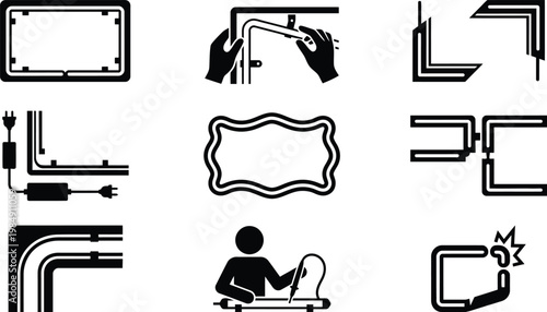 Verschiedene Piktogramme und Symbole zur Darstellung von elektrischen Installationen, Kabeln, Rahmen und Rohrleitungen mit Montage- und Reparaturarbeiten.