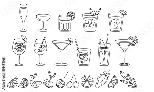 Hand-Drawn Cocktail and Beverage Glassware Line Art Set with Fruit Garnishes