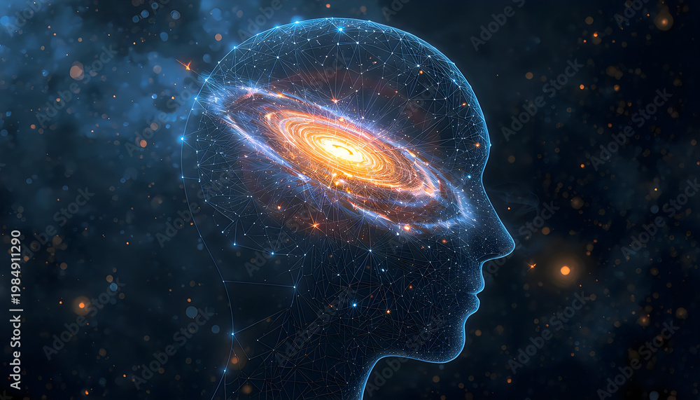 Fototapeta premium Human brain and head in space with planets stars galaxy universe nebula cosmic light abstract science illustration with copy space
