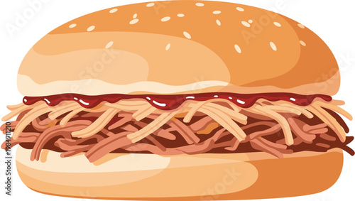 Gourmet pulled pork sandwich vector illustration with BBQ sauce and coleslaw on sesame bun isolated on white