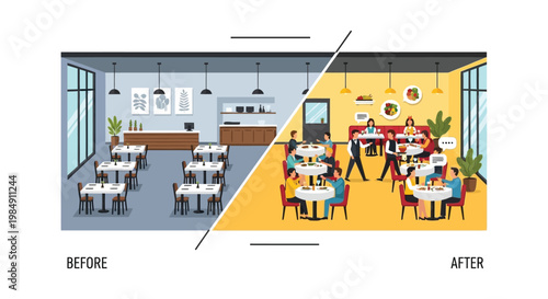 A split level illustration displays a restaurant s transformation from empty to occupied featuring a stark silhouette high quality professional detailed modern elegant