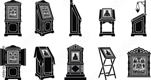 Verschiedene Silhouetten von Ikonenständern und Lesepulten, die in Kirchen für religiöse Darstellungen verwendet werden.