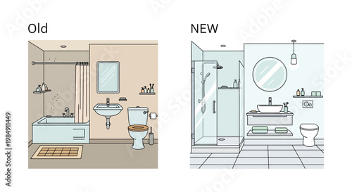 A visual comparison of an outdated bathroom design versus a modern renovated bathroom space silhouette high quality professional detailed modern elegant stylish