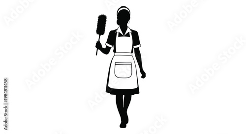 A domestic worker with a duster presented in striking silhouette