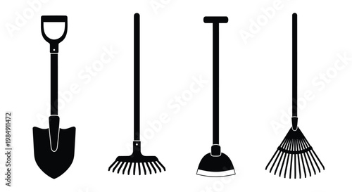 Four garden tools displayed in a stark black silhouette