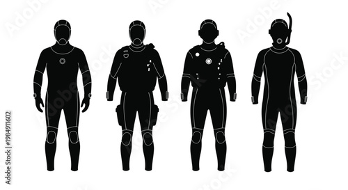 Four divers in full gear shown as a striking black silhouette