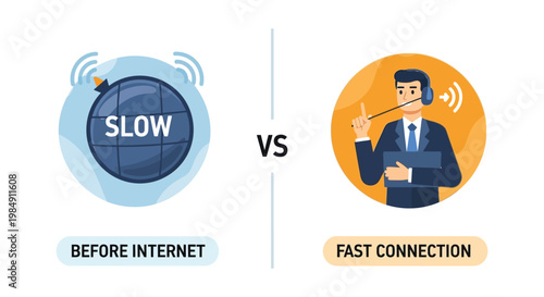 A visual comparison of slow versus fast internet connection speeds depicted with illustrative graphics and text silhouette high quality professional detailed