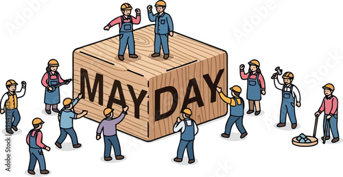 Mayday workers team building wooden block isometric vector illustration