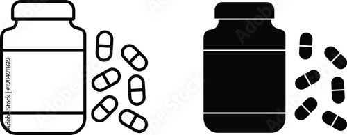 Medical pill bottle icons, pharmaceutical supplement container with capsules, black and white medicine jar vector set for healthcare design