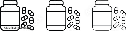 Minimalist pill bottle line icons, medical supplement container with capsules vector, pharmaceutical drug packaging set in three stroke weights