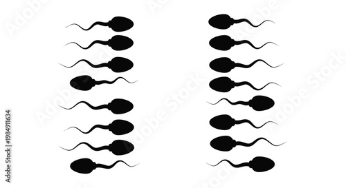 Multiple sperm cell shapes displayed in a stark black silhouette