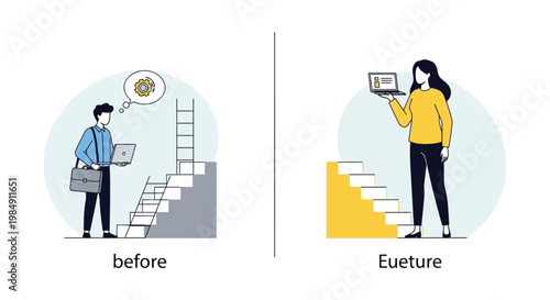 A visual comparison of before and euture scenarios depicting career progression with flat design silhouette high quality professional detailed modern elegant