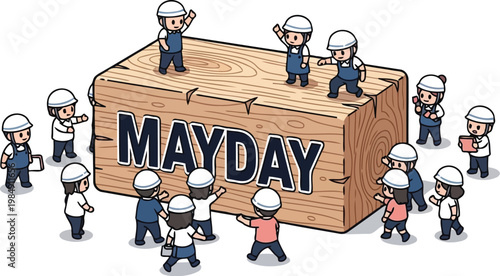 Mayday teamwork concept miniature employees with large wooden sign vector