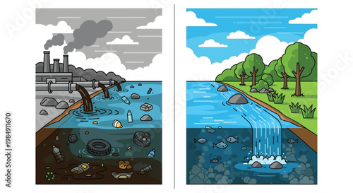 A stark comparison depicting environmental pollution versus a healthy ecosystem illustrated with a distinct silhouette style high quality professional detailed modern