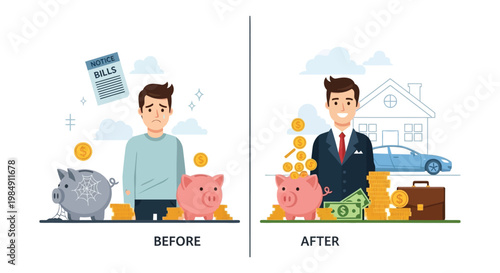 A visual comparison depicts financial hardship transitioning to prosperity showcasing a before and after scenario silhouette high quality professional detailed modern