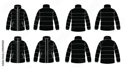 Six black puffer jacket designs presented as a flat vector silhouette