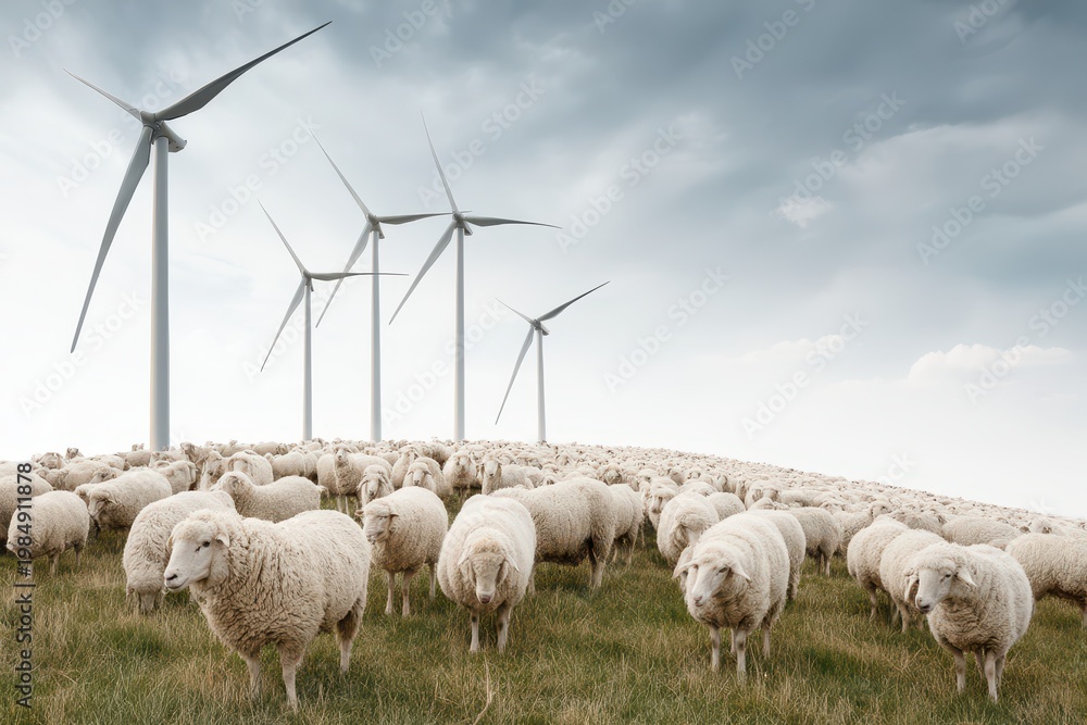 Fototapeta premium Flock of fluffy sheep grazing peacefully in a field with towering wind turbines under a cloudy sky.
