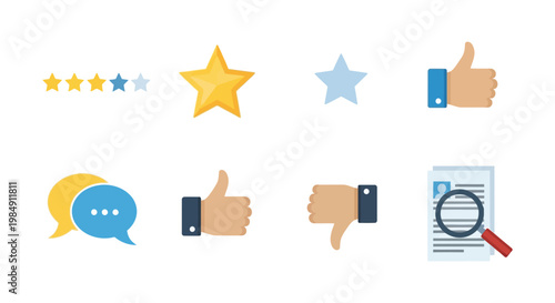 A collection of colorful rating and feedback icons including stars thumbs and chat bubbles silhouette high quality professional detailed modern elegant