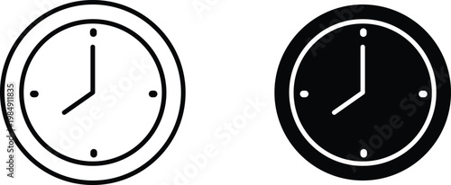 Minimalist wall clock icons in line and solid styles, black and white analog clock vector set, modern time management symbols for UI design