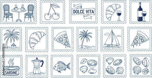 Italian lifestyle postage stamp doodle set with food travel icons dolce vita hand drawn vector illustration collection