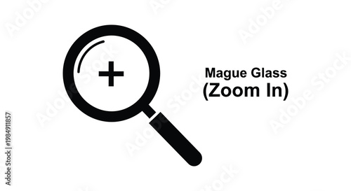 A black silhouette of a magnifying glass with text reading mague glass zoom in on a white background silhouette high quality