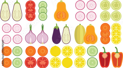Vegetable Slice Icon Collection with Eggplant, Tomato, Cucumber, Onion, Carrot, Lemon, Pepper, and Squash for Fresh Food Design and Healthy Nutrition Illustrations