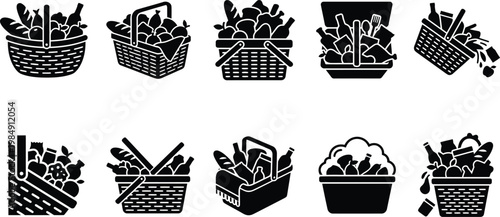Zehn Schwarz-Weiß-Symbole von Picknickkörben und Einkaufskörben, gefüllt mit Lebensmitteln und Getränken wie Flaschen und Brot, einige überfüllt oder kippend.