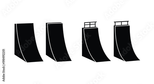 Four black skatepark ramps displayed in a bold graphic silhouette