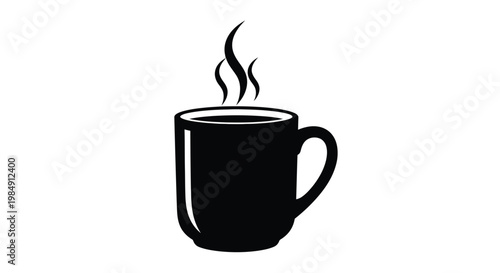 A steaming cup of coffee depicted in a bold black silhouette
